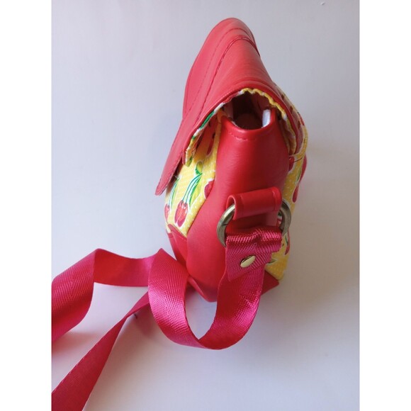 Handmade Cross Body Bag Red Faux Leather w/ Yellow & Cherry Retro Cotton - Picture 8 of 15